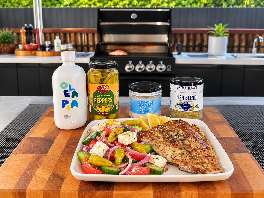 Grilled Barramundi with Greek Salad by Jack The Greek | Three Olives Pantry