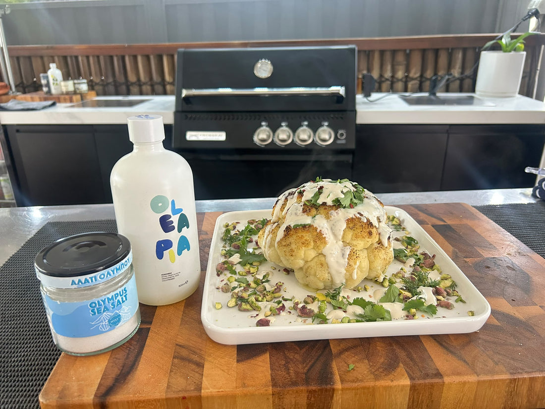 Charred BBQ Cauliflower with Tahini & Pistachios | Three Olives Pantry