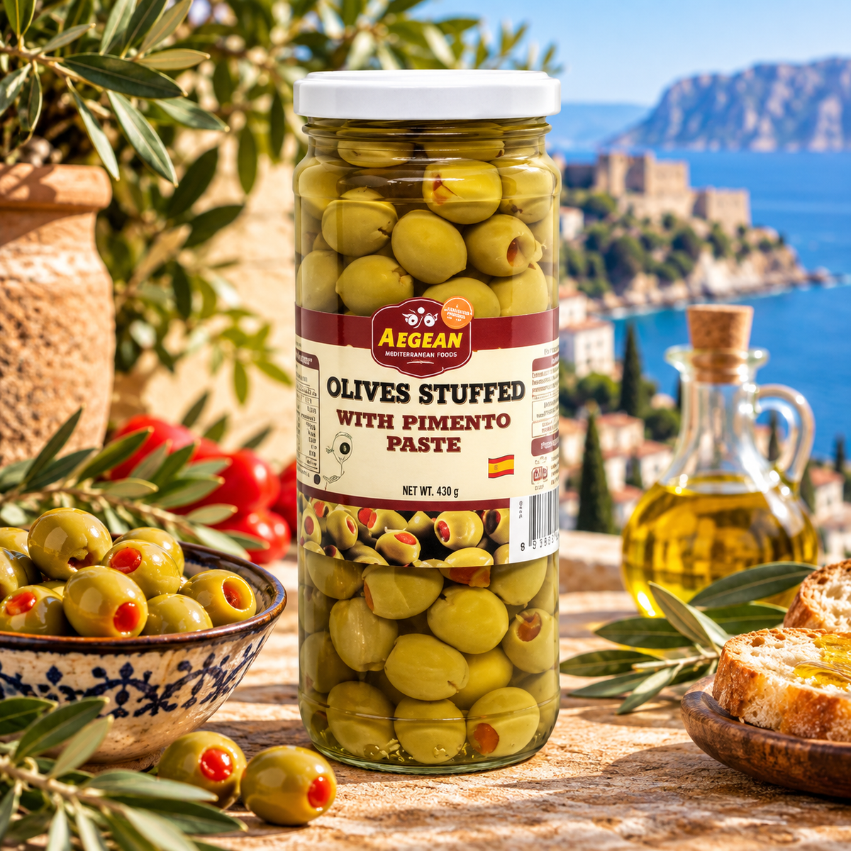 Aegean Pimento Stuffed Green Spanish Olives - 430g