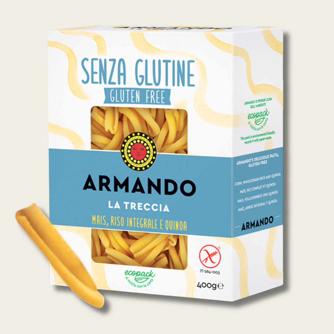 Gluten-free pasta package with Armando branding on a light background
