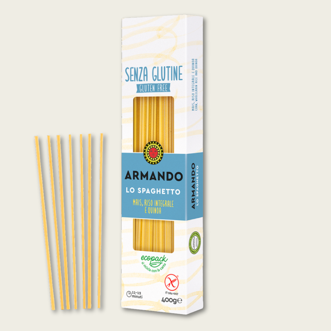 Box of Armando gluten-free spaghetti with uncooked spaghetti sticks on a light gray background