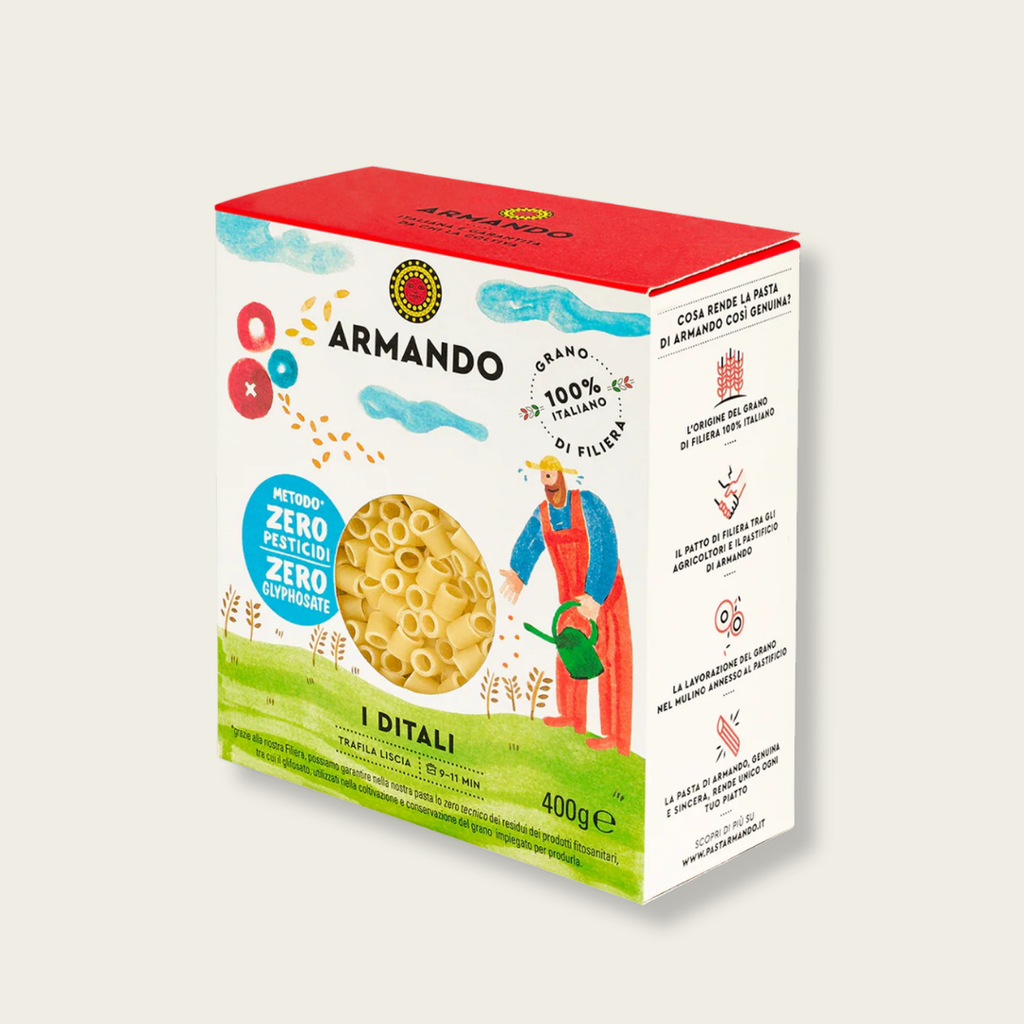 Box of Armando pasta with a red lid and colorful design on a light gray background