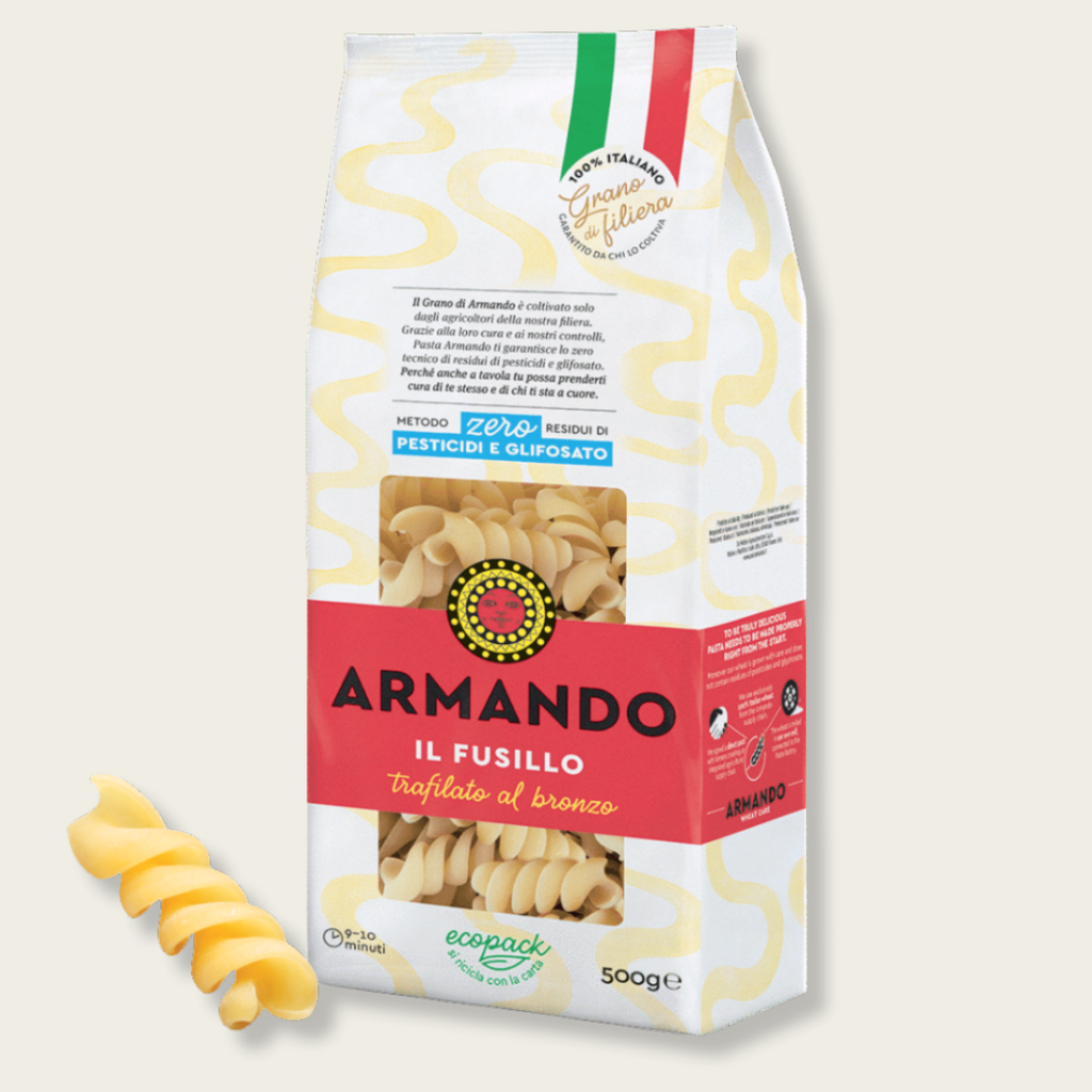 Pasta package with 'Armando' branding on a light gray background