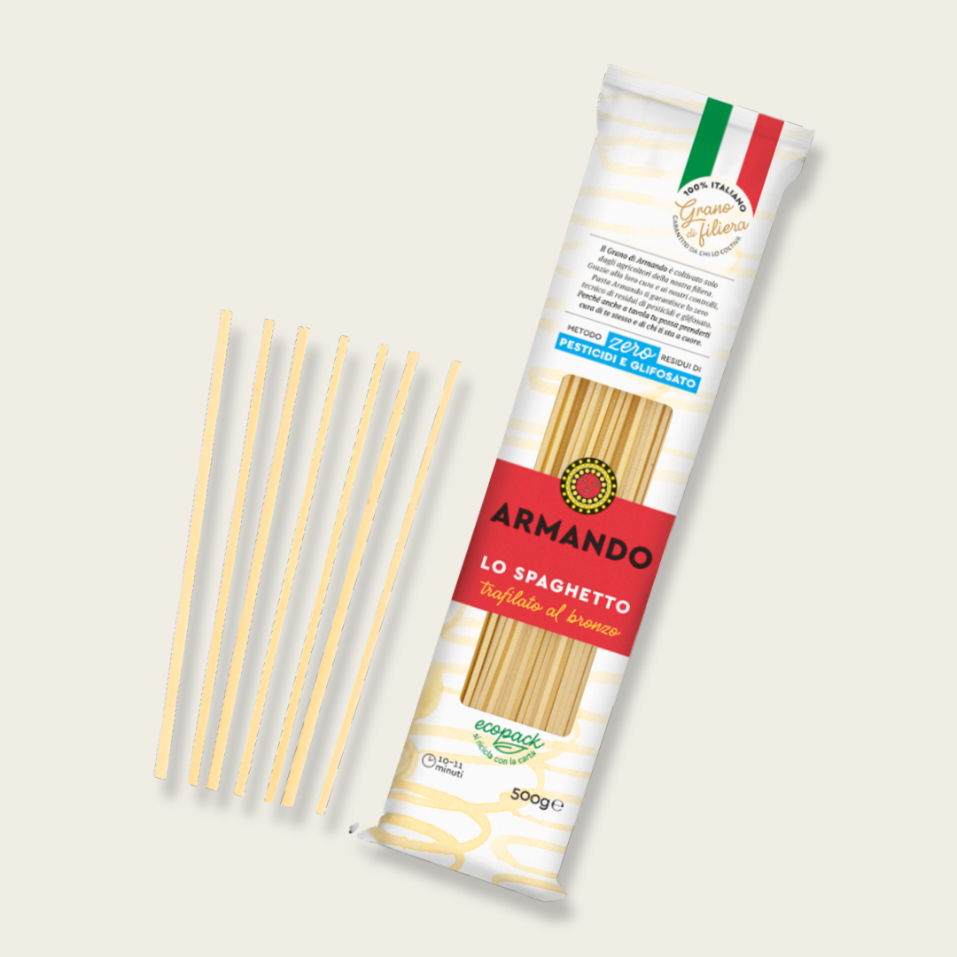 Packaged spaghetti with Armando branding on a light gray background