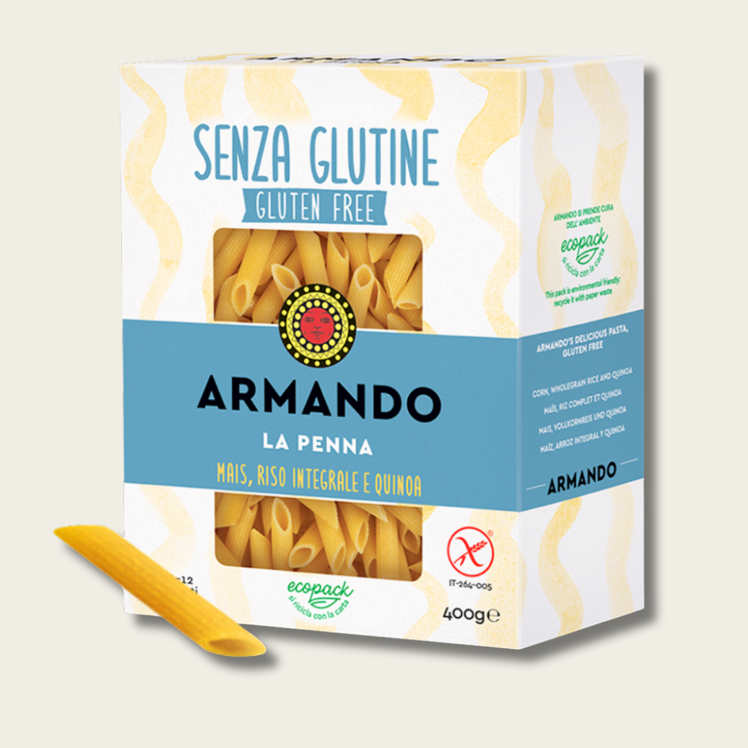 Box of gluten-free penne pasta with Armando branding on a light background