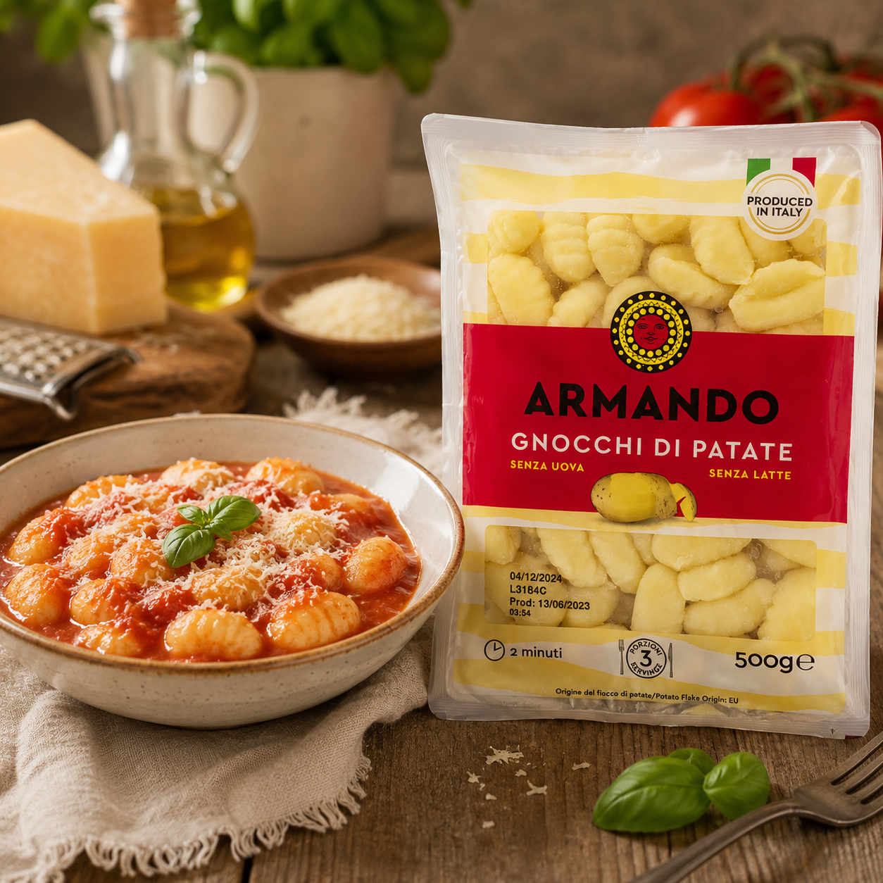 Packaged Armando potato gnocchi with a bowl of gnocchi dish on a rustic wooden table.