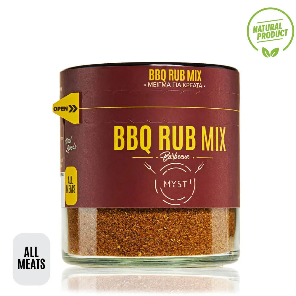 Jar of BBQ Rub Mix with a red label on a white background