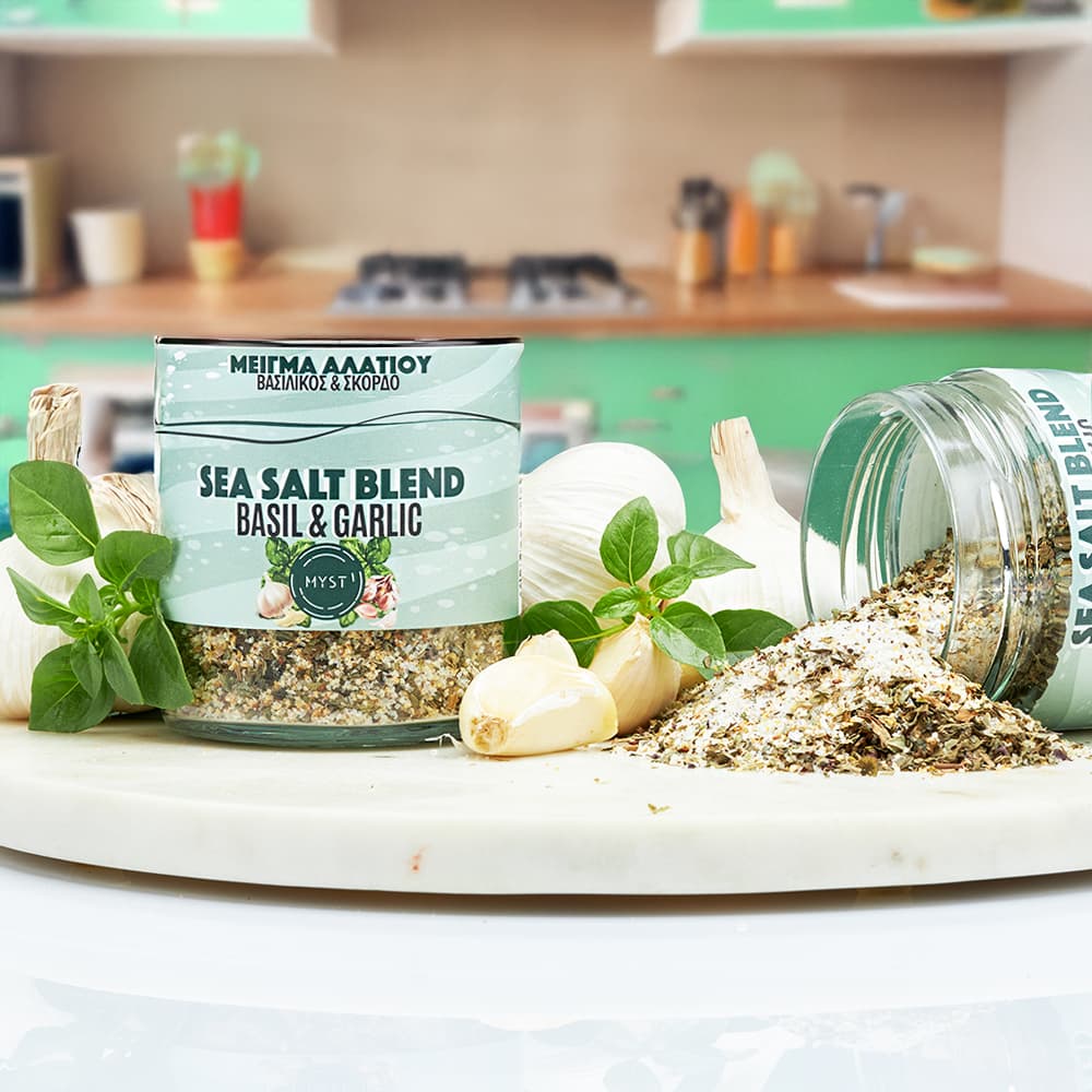 Sea salt blend with basil and garlic on a kitchen counter