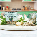 Sea salt blend with basil and garlic on a kitchen counter