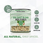 Sea salt blend jar labeled 'Basil & Garlic' with branding and certification icons on a white background.