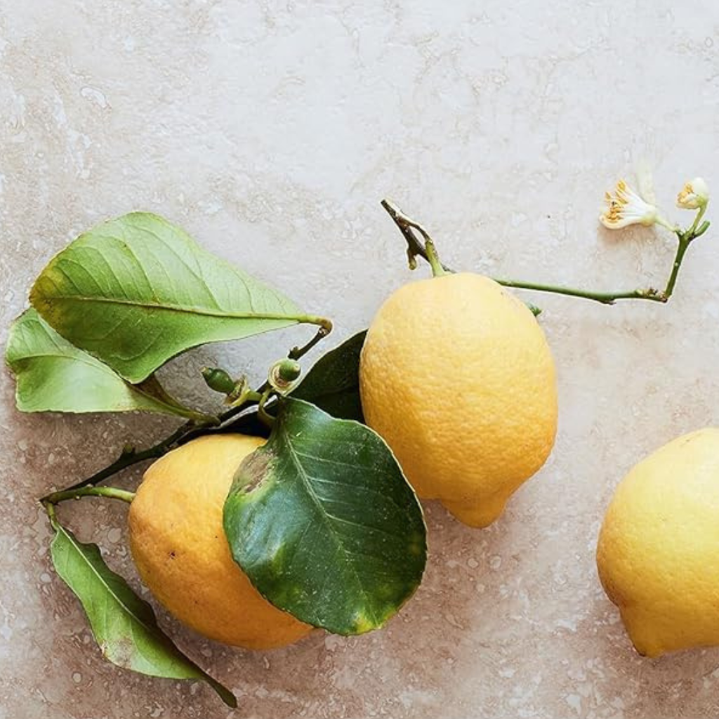 Three lemons with green leaves on a light stone surface