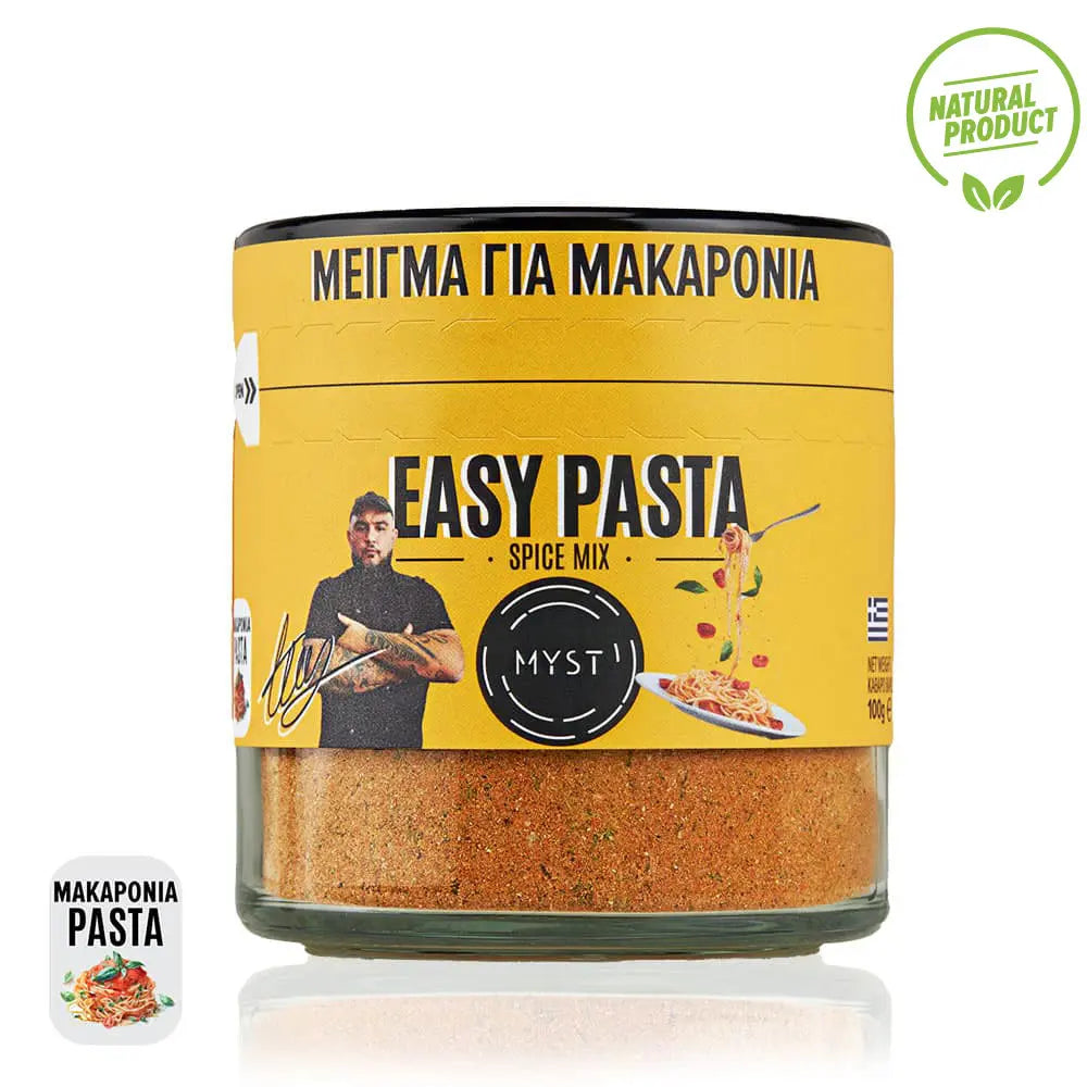 Spice mix container labeled 'Easy Pasta' with a yellow label and black text on a white background.