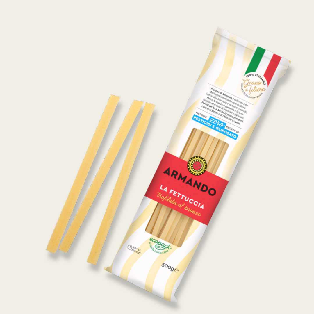 Packaged pasta with a visible brand label on a light background