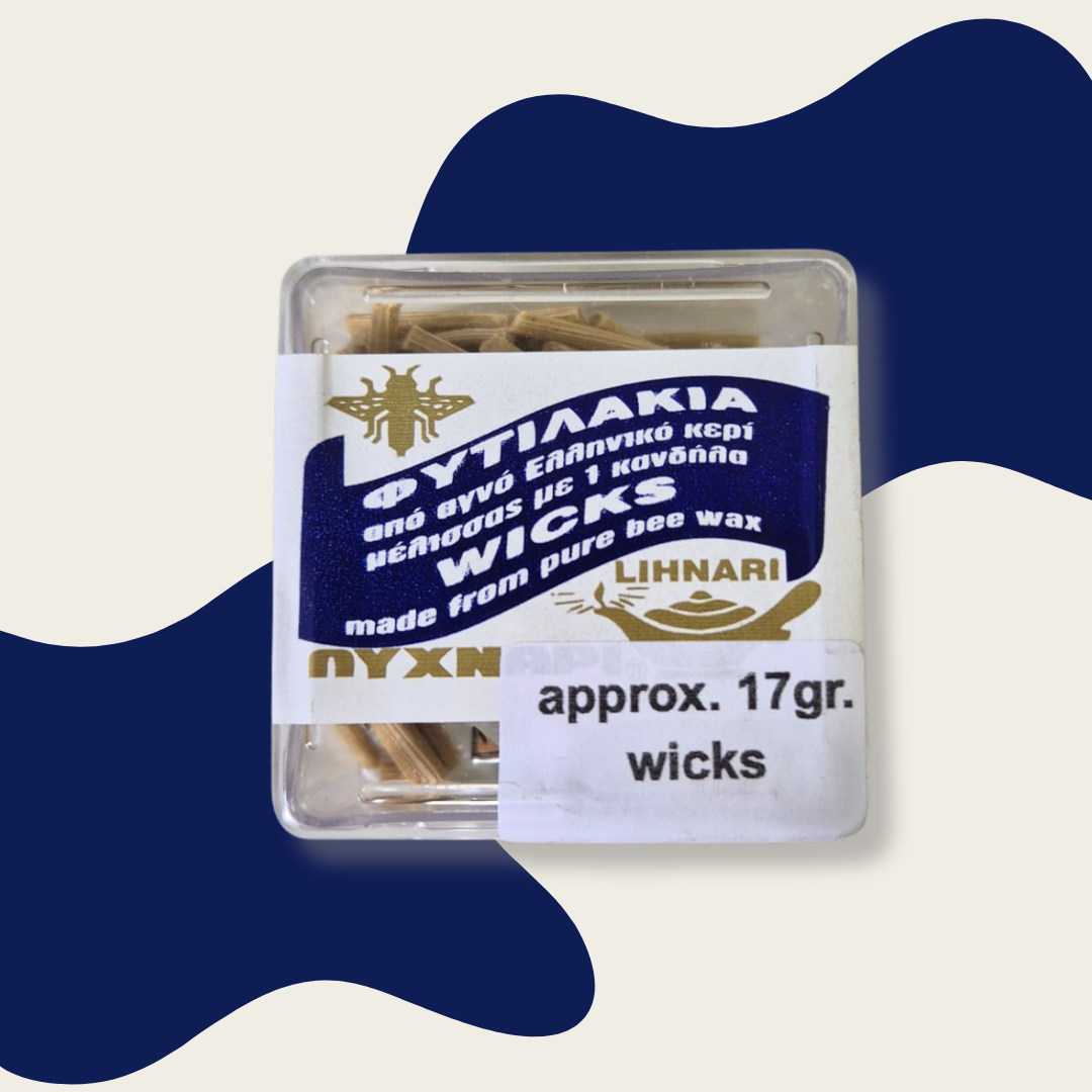 Pack of wicks with a blue and white label on a blue and white abstract background