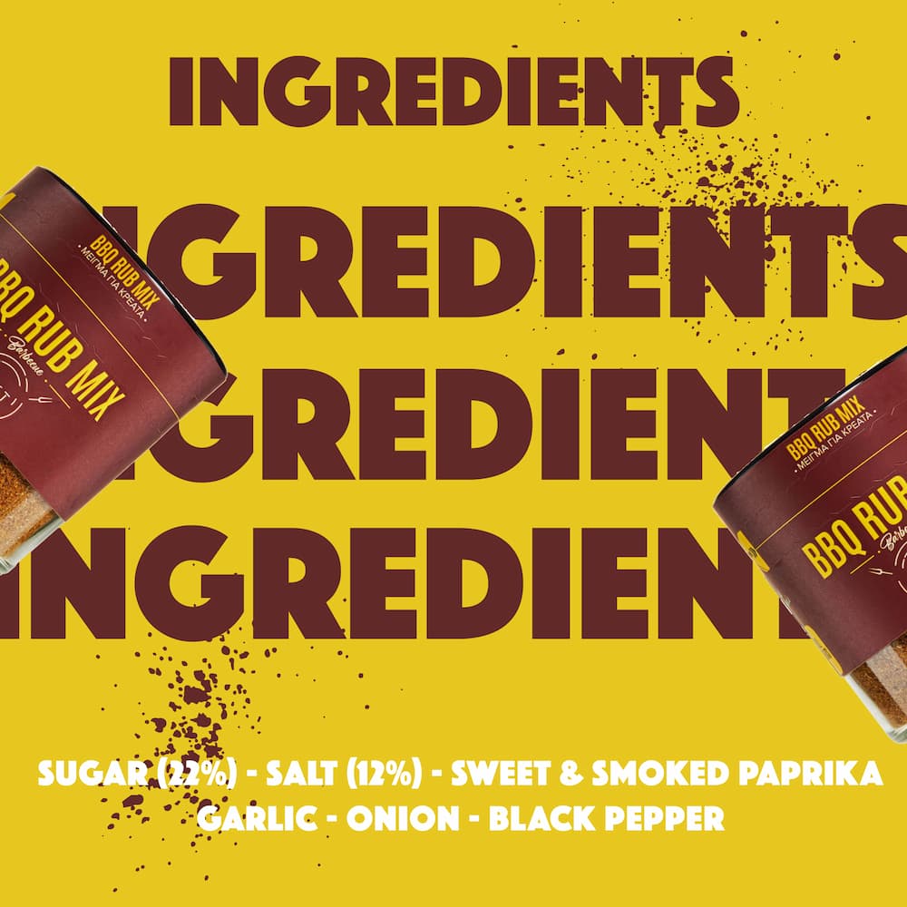 Two containers of BBQ rub mix on a yellow background with 'INGREDIENTS' text.