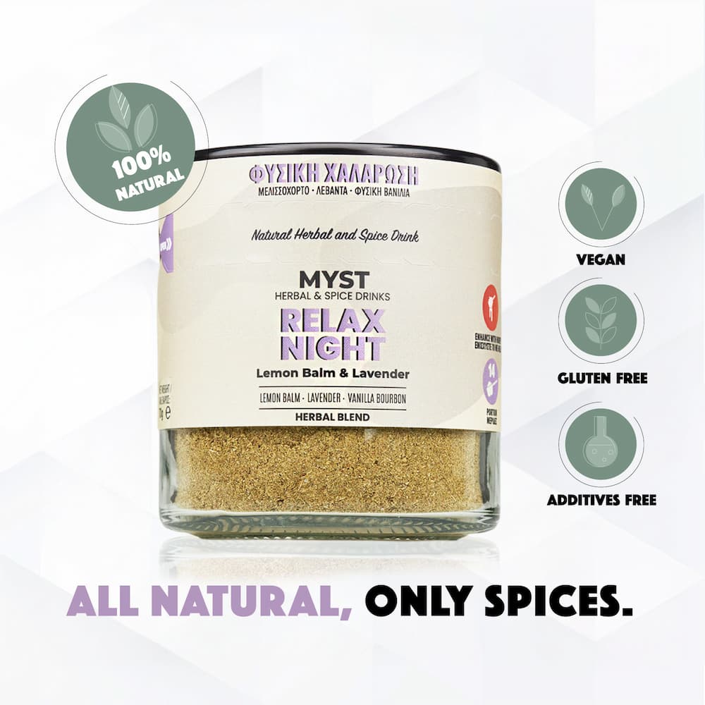 Herbal blend container labeled 'Myst Relax Night' with natural and spice drink branding on a white background.