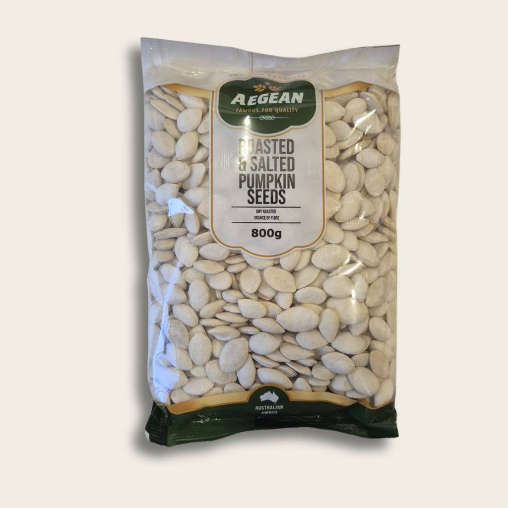 Packaged roasted and salted pumpkin seeds with Alegaean branding on a light gray background
