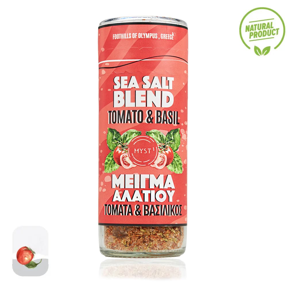 Sea salt blend with tomato and basil flavor in a glass container on a white background