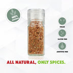 Glass jar of spices with health benefits icons on a white background