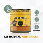Jar of Easy Pasta Spice Mix with yellow label on a white background