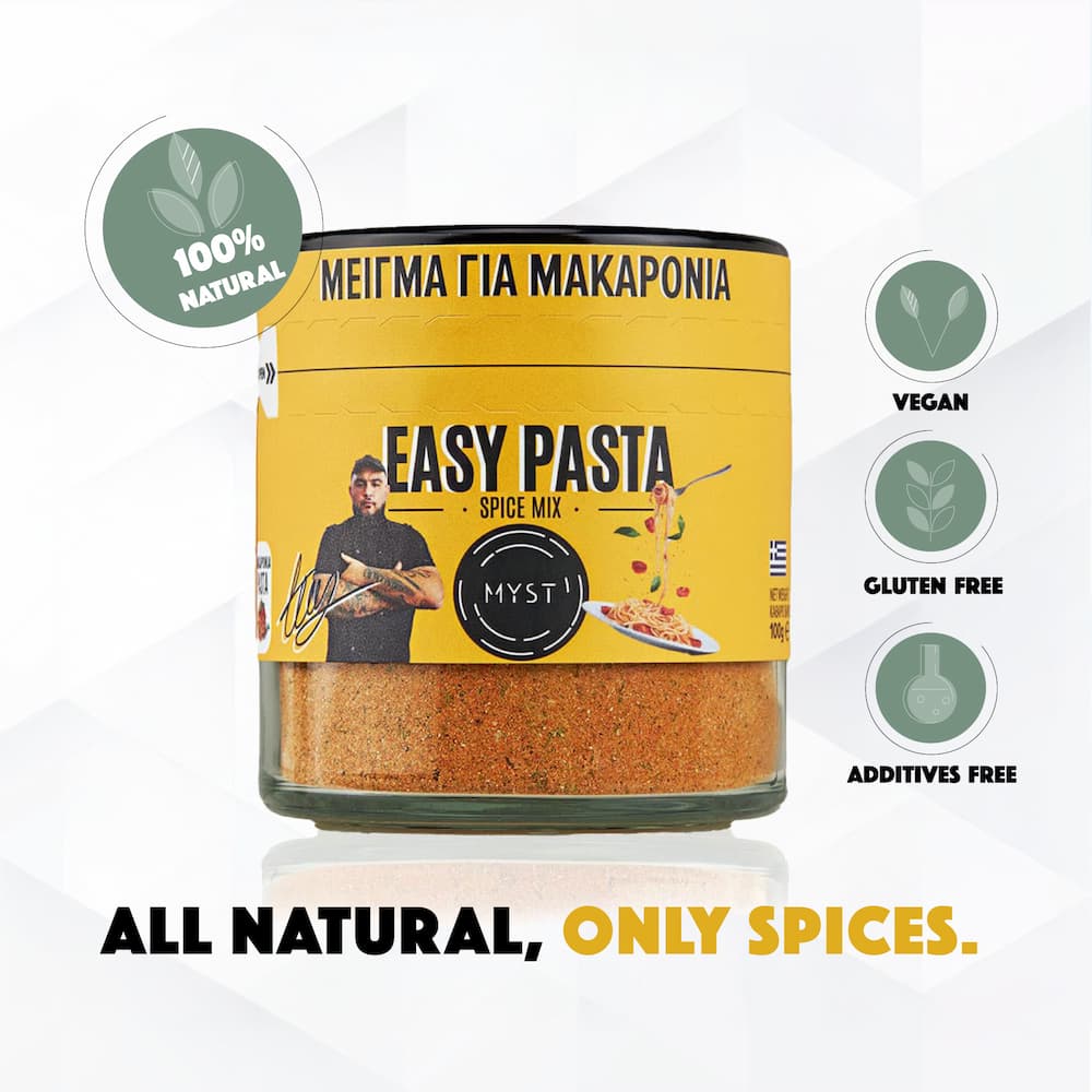 Jar of Easy Pasta Spice Mix with yellow label on a white background