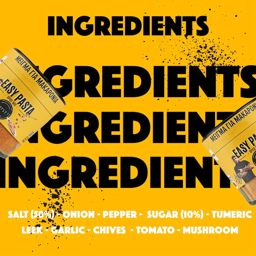 Ingredients list for pasta with a yellow background and Meital pasta packaging.