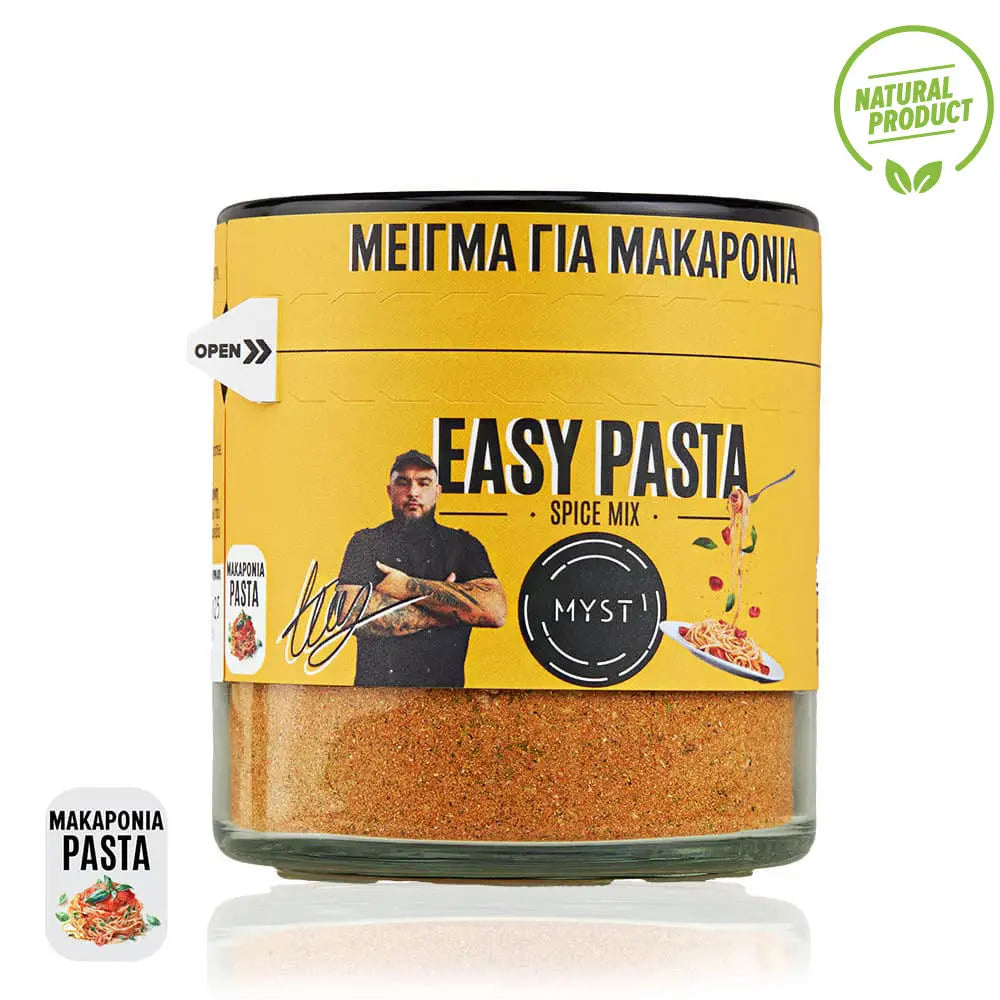 Spice mix container labeled 'Easy Pasta' with a yellow label and black text on a white background.