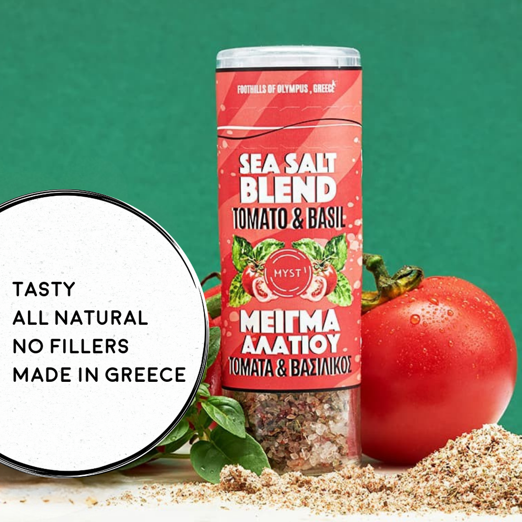 Sea salt blend container with tomato and basil on a green background